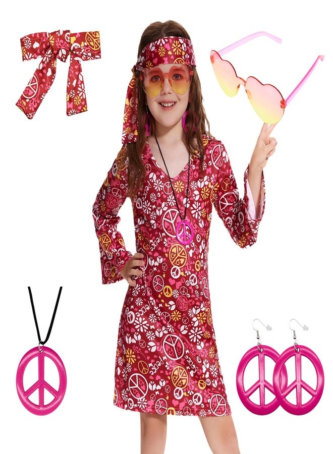 MRYUWB 70s Hippie Dress for Girls, 1970s Outfits Peace Sign Necklace Headband, 60s Themed Party Costumes for Kids 5-14 Years (Peace Sign Rose, 9-10 Years) - Image 2